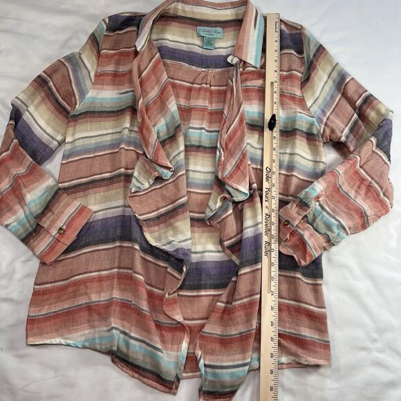Tasha Polizzi Open Front Top Size XL Pink Serape Stripe Collared Roll-Tab Sleeve - Picture 4 of 11